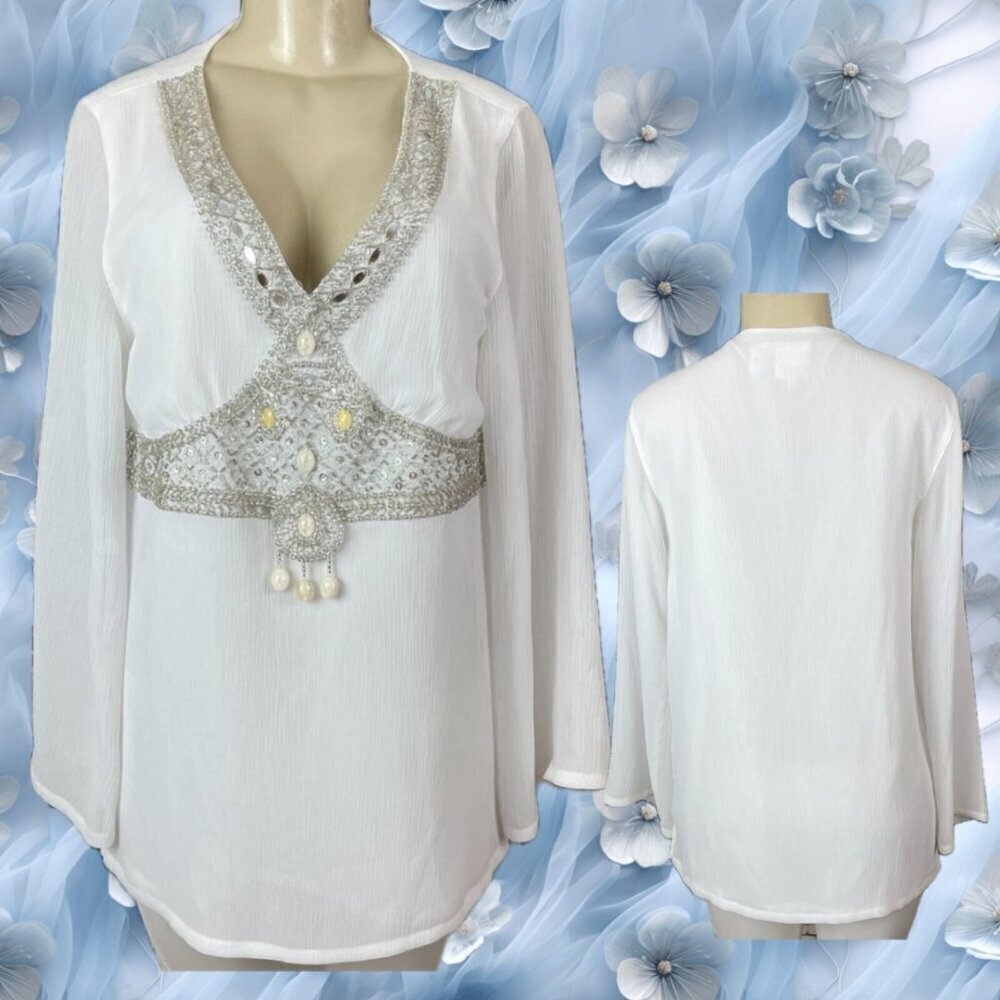 Diane Gilman M White Metallic Beaded V-Neckline Lined Sheer Long Sleeve Blouse